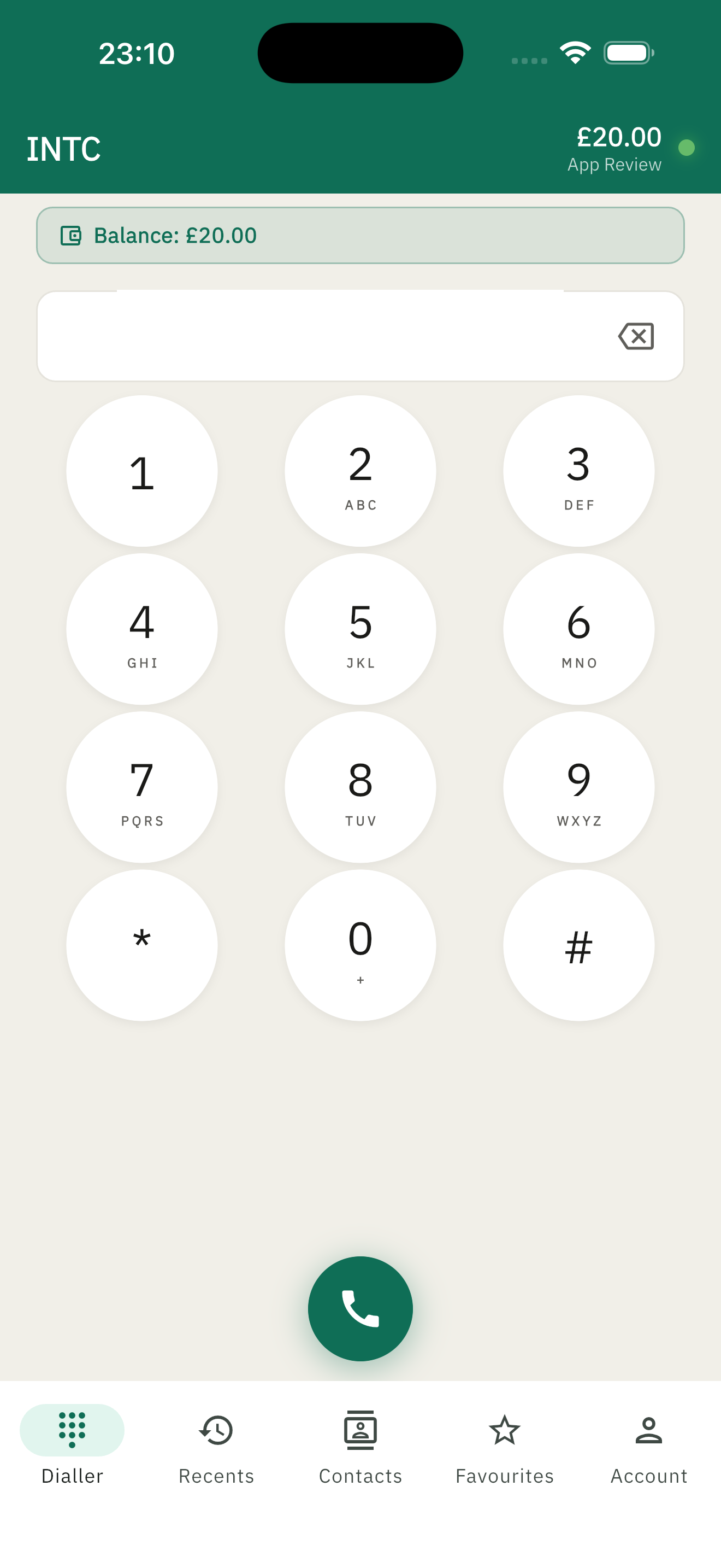 INTC calling app dialler screen